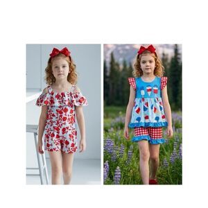 EUC Toddler Girls Lot of Romper & Short Set - Summer July 4th Ruffle Shorts - 2T